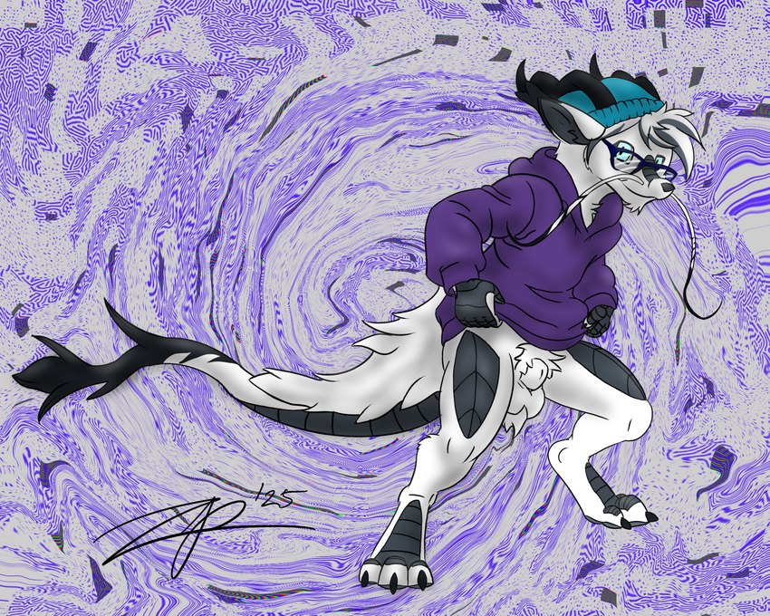abstract_background animal_genitalia anthro ball_tuft balls barbel_(anatomy) black_body black_scales blue_eyes bottomless clothed clothing dragon_horn eyewear flesh_whiskers fluffy_pubes fully_sheathed fur genitals glasses hat headgear headwear hoodie horn long_tail male scales sheath solo standing tail topwear tuft wearing_glasses zephyrpanthur mythology dragon eastern_dragon furred_dragon furred_scalie mythological_creature mythological_scalie scalie 5:4 hi_res