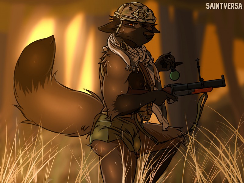 anthro bulge clothed clothing explosives forest grenade launcher male military mulitcam muscular muscular_anthro muscular_male plant solo tree weapon saintversa canid canine mammal hi_res