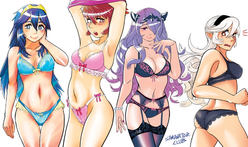 5_fingers big_breasts black_bra black_clothing black_panties black_underwear blue_bra blue_clothing blue_hair blue_panties blue_underwear blush bow_panties bow_underwear bra bracelet breasts butt clothing collarbone crown female fingers frilly frilly_clothing frilly_panties frilly_underwear garter_belt garter_straps group hair headgear human_focus humanoid_pointy_ears jewelry legwear lingerie long_hair navel not_furry open_mouth panties pink_bra pink_clothing pink_panties pink_underwear pointy_ears purple_hair red_hair royalty simple_background smile stockings surprise teeth thigh_highs tiara underwear undressing white_background white_hair samanator_club fire_emblem fire_emblem_awakening fire_emblem_fates nintendo camilla_(fire_emblem) corrin_(fire_emblem) hinoka_(fire_emblem) lucina_(fire_emblem) human humanoid mammal