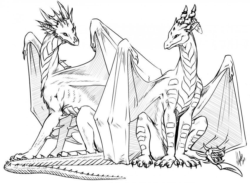 ambiguous_gender belly_scales claws duo ear_frill ears_back feral frill_(anatomy) horn membrane_(anatomy) membranous_wings pivoted_ears scales simple_background sitting spiked_tail spikes spikes_(anatomy) tail wings khyaber mythology dragon mythological_creature mythological_scalie scalie 2013 dated monochrome signature