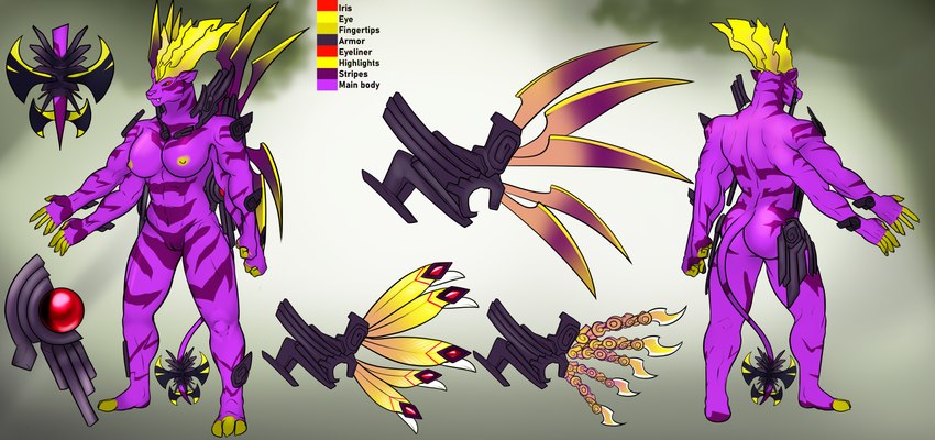 3_toes 4_arms 5_fingers abs anthro armor blade blonde_hair breasts butt eyeliner fangs feathered_wings feathers feet female fingers front_view gem genitals hair makeup markings multi_arm multi_limb nipples purple_body purple_pussy pussy rear_view red_eyes solo tail tail_blade teeth text toes weapon_tail wings yellow_sclera franubis disney spectrobes felid leopard mammal pantherine rydrake spectrobe absurd_res english_text hi_res model_sheet