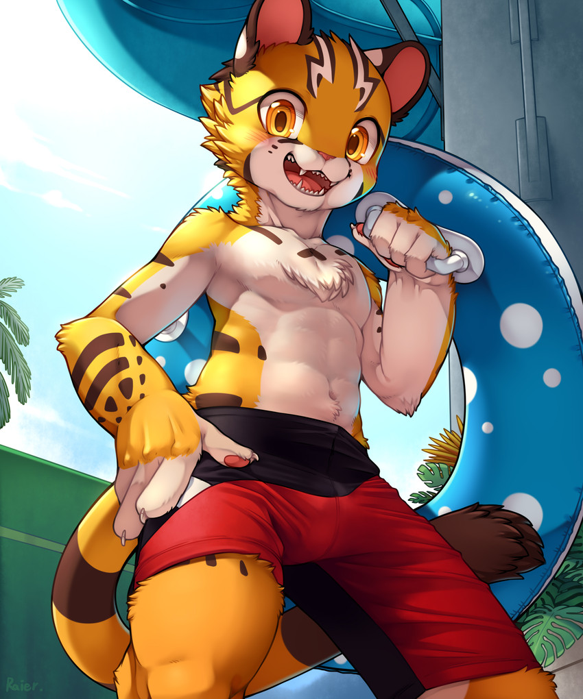 abs anthro athletic athletic_anthro athletic_male biped blush chest_tuft claws clothed clothing countershading fingers fur kemono looking_at_viewer male muscular muscular_young navel pawpads pecs smile solo swimming_trunks swimwear tuft white_body white_fur young young_anthro unrealplace raier_(unrealplace) felid feline leopard_cat mammal prionailurus absurd_res hi_res