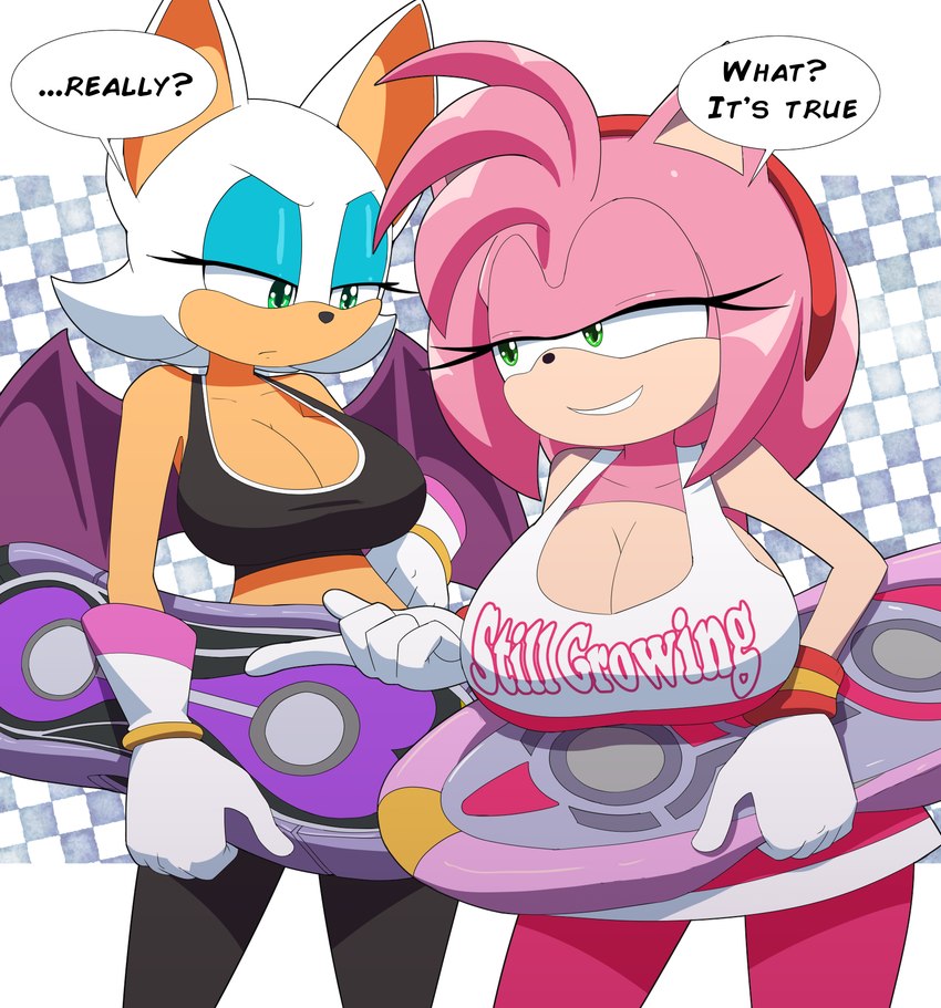 anthro big_breasts bra breasts cleavage clothed clothing countershade_torso countershading duo extreme_gear female gloves green_eyes handwear huge_breasts sports_bra text underwear kojiro-brushard sega sonic_the_hedgehog_(series) amy_rose rouge_the_bat bat eulipotyphlan hedgehog mammal 2022 english_text hi_res