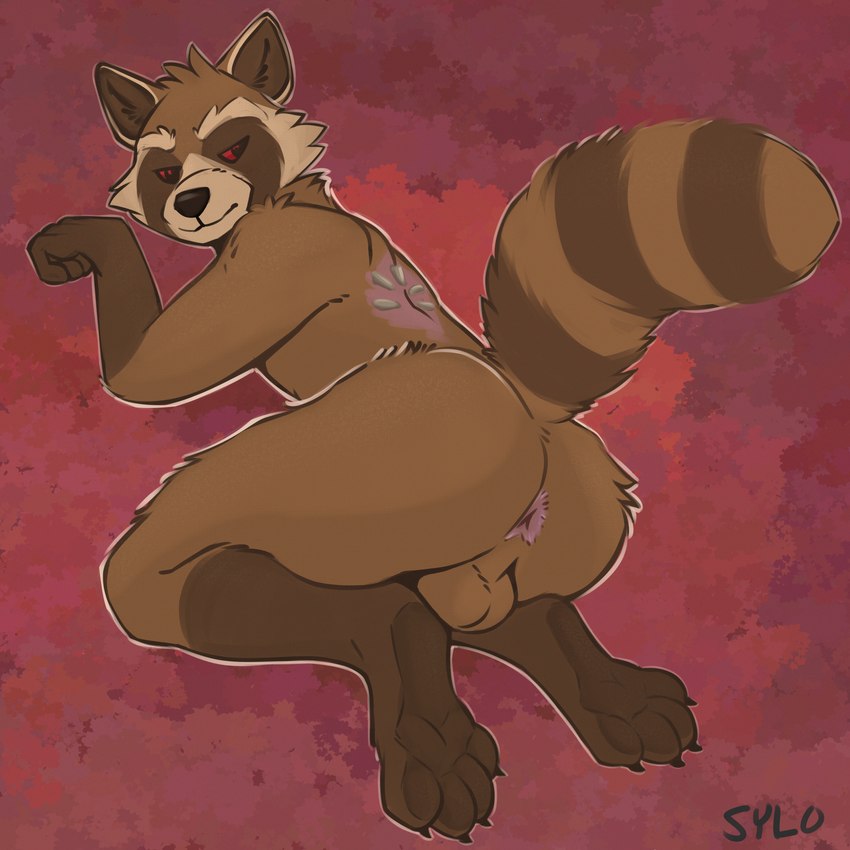 anthro anus balls brown_body brown_fur butt feet fur genitals hindpaw looking_back male markings nude paws rear_view ring_(marking) ringed_tail simple_background solo striped_markings striped_tail stripes tail tail_markings sylo guardians_of_the_galaxy marvel rocket_raccoon mammal procyonid raccoon 1:1 2025 digital_media_(artwork) hi_res