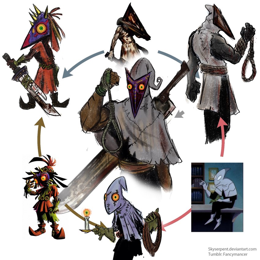 for_a_head fusion great_knife_(silent_hill) group hexafusion majora's_mask_(item) male mask melee_weapon noose not_furry rope screencap sword weapon skyserpent freakazoid! konami majora's_mask nintendo silent_hill the_legend_of_zelda candlejack majora pyramid_head skull_kid_(character) humanoid mammal monster monstrous_humanoid object_head skull_kid_(species) 1:1 crossover hi_res official_art reference_image