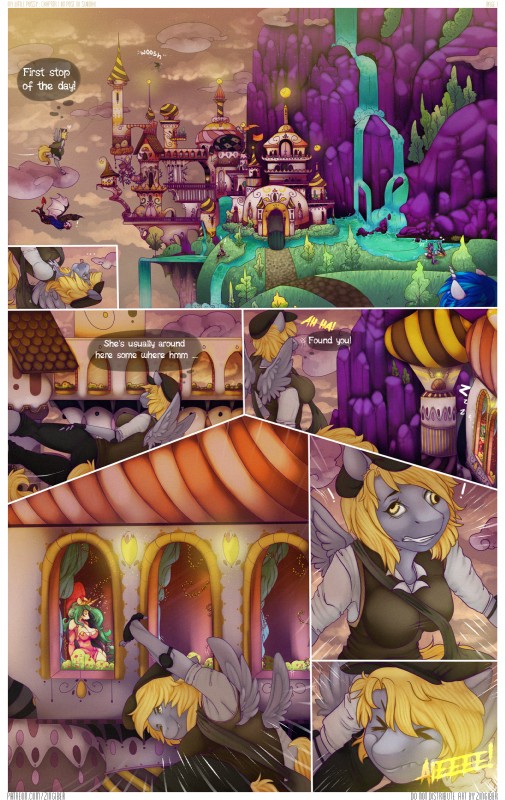 anthro anthrofied castle clothed clothing dialogue equestria feathered_wings feathers female flying hair horn morning palace princess royalty text water waterfall wings avoid_posting zingiber friendship_is_magic hasbro my_little_pony mythology derpy_hooves_(mlp) princess_celestia_(mlp) equid equine horse mammal mythological_creature mythological_equine pegasus pony winged_unicorn absurd_res comic english_text hi_res