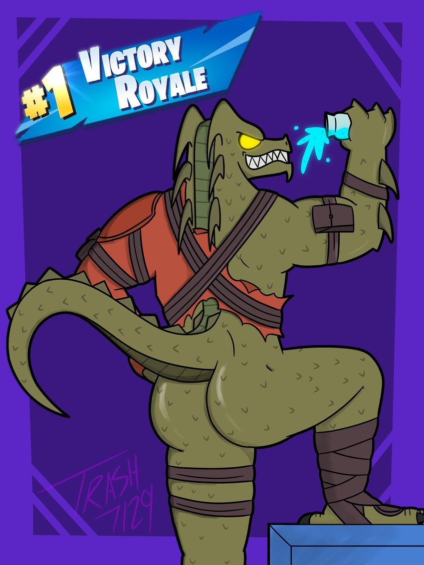 anthro butt clothing empty_eyes green_body green_scales male mostly_nude raised_tail rear_view scales sharp_teeth smile solo tail teeth text torn_clothing yellow_eyes trash7129 epic_games fortnite mythology hybrid_(fortnite) dragon mythological_creature mythological_scalie scalie wingless_dragon 3:4 absurd_res digital_media_(artwork) hi_res