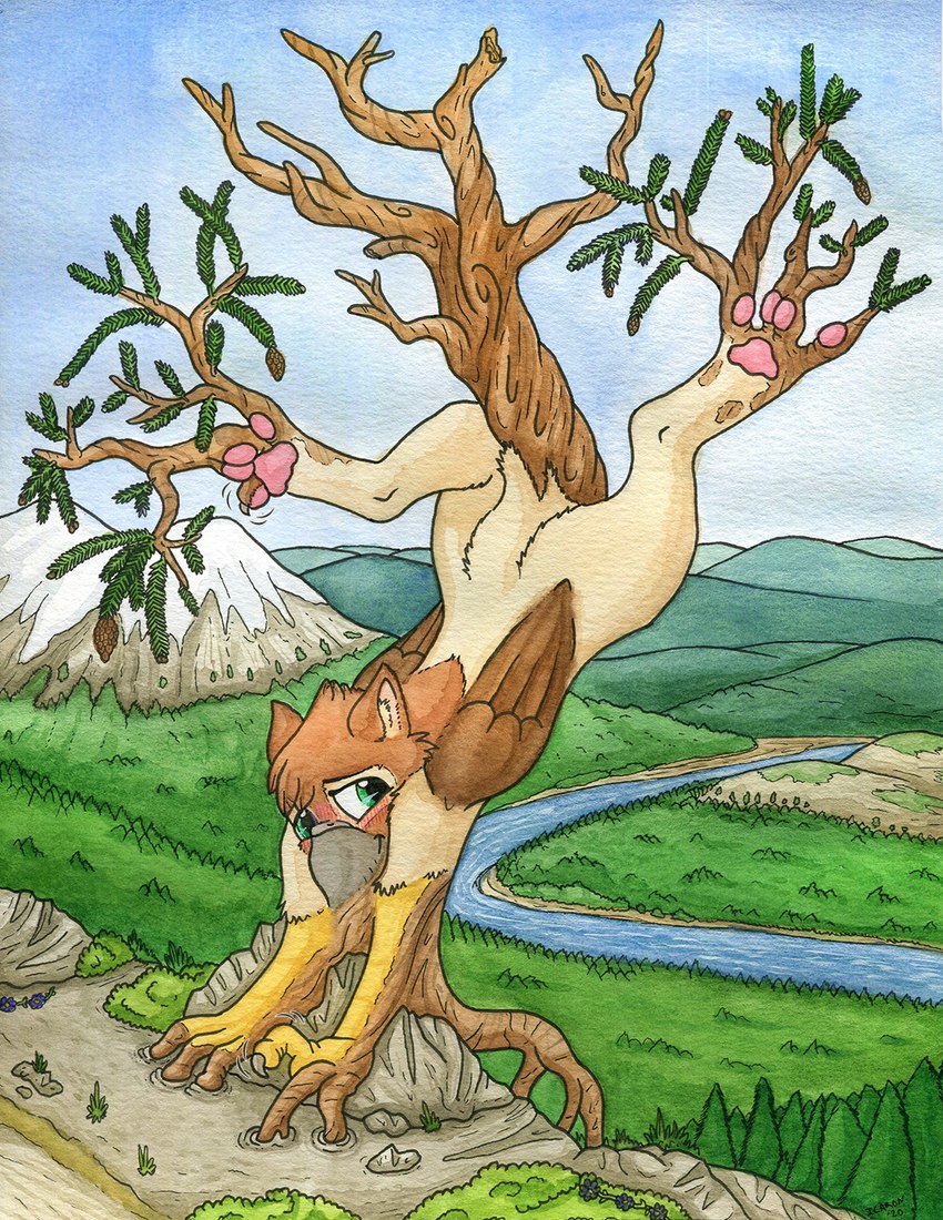 3_fingers 4_toes barefoot beak blush blush_lines bristlecone_pine brown_body brown_fur brown_wings claws digitigrade evergreen_tree feathered_wings feathers feet feral fingers fur fused_arms fused_mouth fused_toes grass green_eyes hindpaw inner_ear_fluff landscape_background looking_at_viewer loss_of_speech male mid_transformation motion_lines mountain nude outside pawpads paws pine_tree pinecone pink_pawpads plant plant_transformation river rock roots snow_cap solo spread_toes talon_hands tan_body tan_fur toe_claws toes transformation tree tree_transformation tuft udtf upside_down wings icaron hasbro my_little_pony mythology arvid_(icaron) avian gryphon mythological_avian mythological_creature 2020 hi_res story story_at_source story_in_description