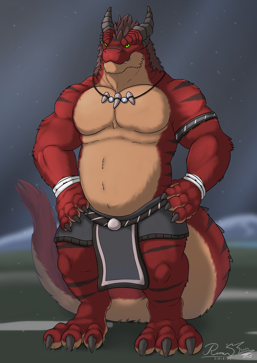 3_toes 4_fingers anthro armband barefoot black_horn black_stripes bottomwear clothed clothing feet fingers fluffy fluffy_tail front_view fur green_eyes hands_on_hips horn jewelry loincloth male multi_horn muscular muscular_anthro muscular_male necklace night outside pecs red_body red_fur snow solo standing stripes tail toes topless topless_anthro topless_male tribal wraps wrist_wraps rimentus mythology coalt dragon furred_dragon furred_scalie mythological_creature mythological_scalie scalie wingless_dragon 2025 dated digital_media_(artwork) full-length_portrait hi_res portrait signature