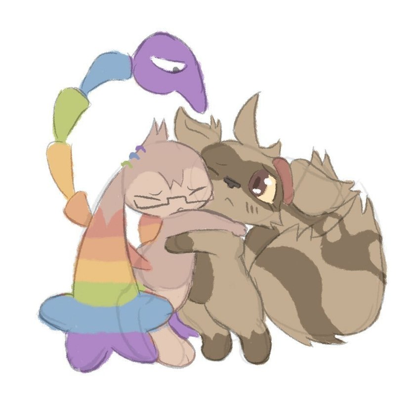 brown_body brown_fur duo eyewear female fur glasses hug male multicolored_tail rainbow_tail semi-anthro simple_background sparklefur tail white_background young conditional_dnp labbit_(artist) l33t_(labbit) trailmix_(not_a_furfag) labbit mammal procyonid raccoon