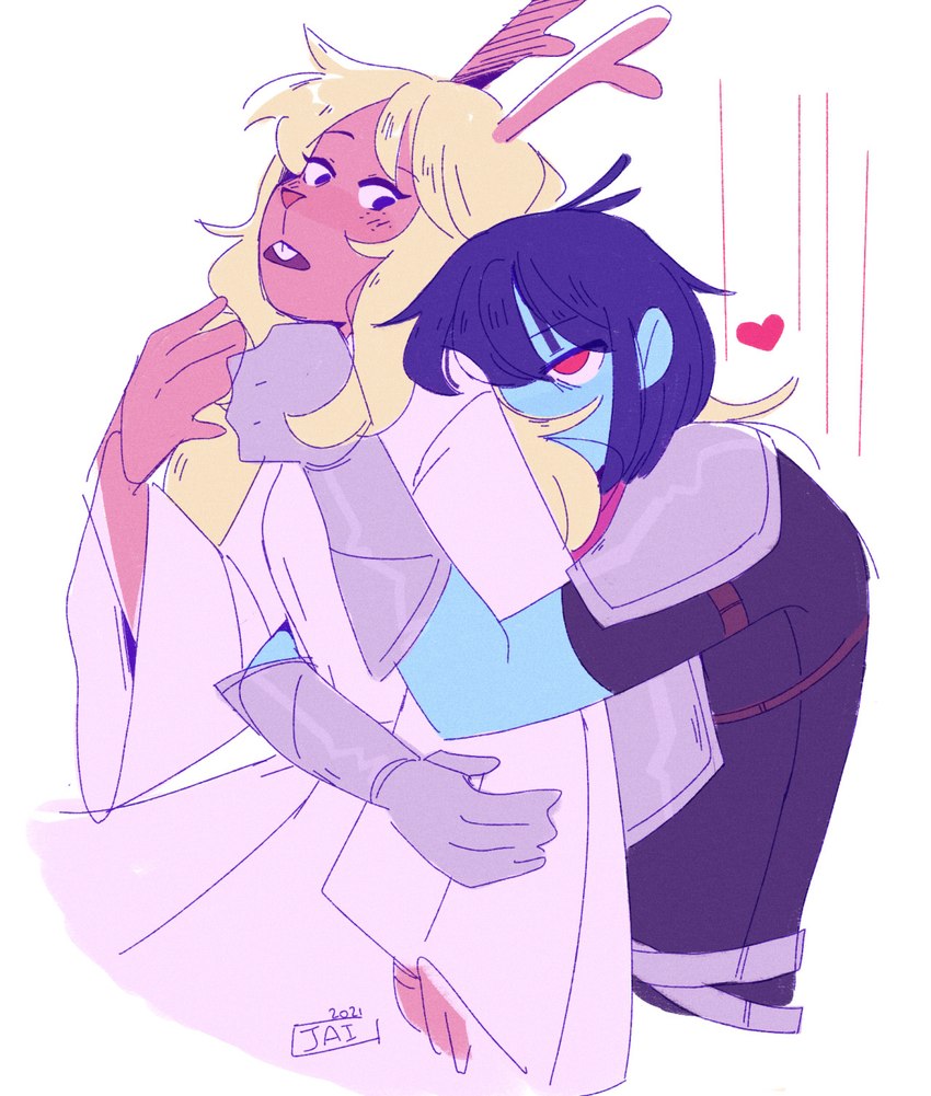 anthro antlers armor armor_plates blonde_hair blue_body blue_hair blush brown_body buckteeth clothing dress duo female hair heart_symbol horn hug hugging_another hugging_from_behind human_on_anthro interspecies male male/female male_human red_eyes red_nose romantic romantic_couple string teeth jxitrash deltarune undertale_(series) kris_(deltarune) noelle_holiday cervine deer human mammal new_world_deer reindeer 2021 hi_res signature