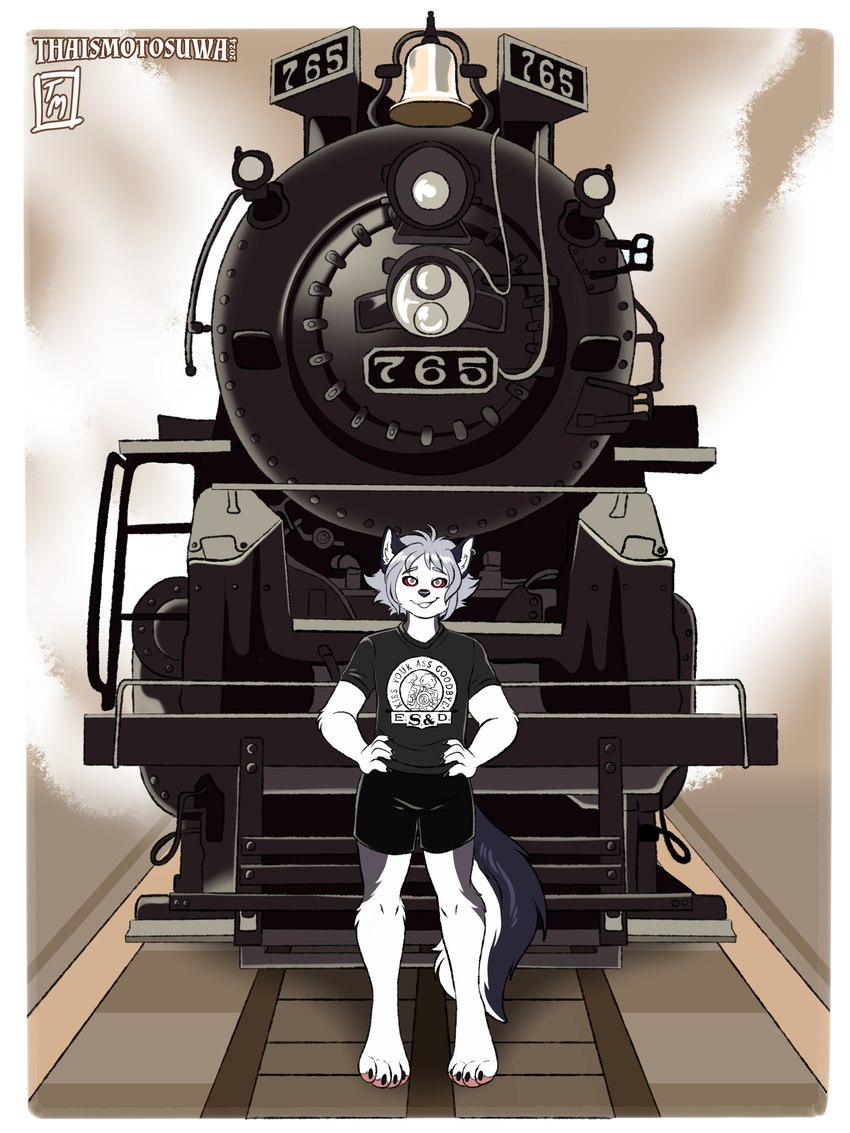 anthro clothed clothing locomotive male photo pose smile solo steam_locomotive train transport vaporwave vehicle conditional_dnp thaismotosuwa canid canine canis mammal wolf 2024 3:4 absurd_res hi_res photography_(artwork)