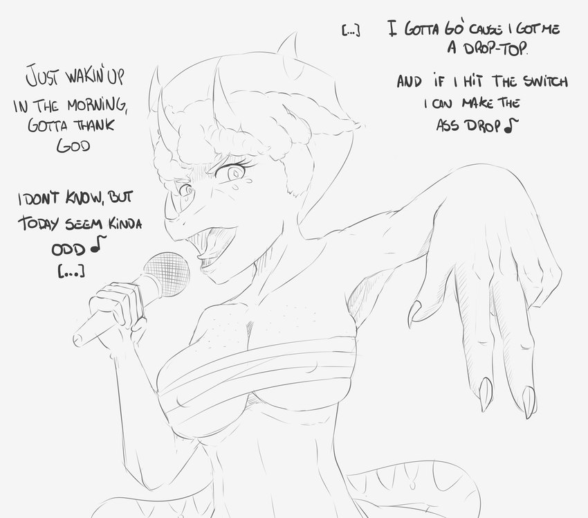 3_horns anthro bandage big_breasts breasts bulging_breasts claws cleavage cleavage_overflow clothed clothing dialogue electronics eyelashes female fingers freckled_breasts freckles frill_(anatomy) hair horn long_tail looking_at_viewer lyrics microphone multi_horn nipple_outline open_mouth rapping short_hair solo tail text tongue under_boob wrappings badfidhell cavemanon_studios goodbye_volcano_high ice_cube_(rapper) snoot_game trish_(gvh) ceratopsian dinosaur ornithischian prehistoric_species reptile scalie triceratops 2023 english_text hi_res monochrome