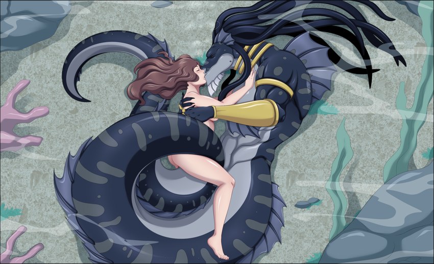 algae anthro apode aquaphilia arm_fins armband armor bracers breasts brown_hair bubble choker cuddling duo eyes_closed female female_on_anthro fin fully/fully_submerged fully_submerged gold_(metal) gold_armband gold_choker gold_jewelry gold_necklace grey_body grey_scales hair hand_on_back hand_on_chest head_fin hug human_on_anthro interspecies jewelry kissing larger_anthro larger_male laying_together legless long_tail lying male male/female male_on_human muscular muscular_anthro muscular_male neck_ring necklace nude ocean_floor on_side passionate passionate_kiss pseudo_hair ring romantic romantic_couple scales sea sea_floor seaweed serpentine size_difference smaller_female smaller_human split_form tail tail_wrapped_around tail_wrapped_around_body tail_wrapping tentacle_hair tentacles underwater water lady-fantasma iviking icaxhu anthozoan cnidarian coral deity draconcopode fish human mammal marine naga reptile scalie snake hi_res