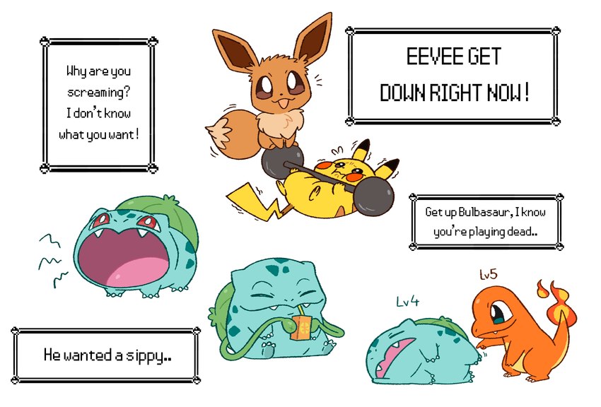 ambiguous_fluids ambiguous_gender dialogue drinking drinking_straw dumbbell fire flaming_tail group holding_breath narration plant poking tail text vines weights doodlelot nintendo pokemon pop_cat bulbasaur charmander eevee generation_1_pokemon pikachu pokemon_(species) absurd_res colored english_text hi_res