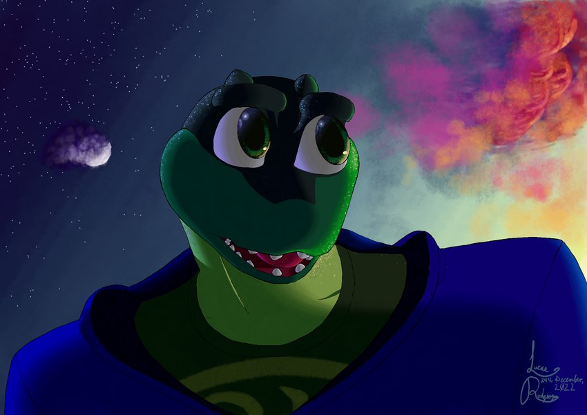 anthro clothing cloud evening glistening glistening_eyes hoodie looking_away male moon night open_mouth reflection shirt sky solo star starry_sky sun t-shirt teeth tongue topwear dump_lings_png lucas_rodgers_(dump_lings_png) alligator alligatorid crocodilian reptile scalie hi_res signature