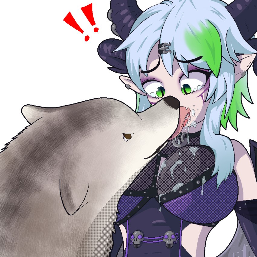 bestiality big_breasts bodily_fluids breasts drooling duo female feral french_kissing grey_hair hair horn kissing light_body light_skin male male/female multicolored_hair open_mouth saliva saliva_on_tongue tongue tongue_out johjoh_dodo vtuber froot canid canine canis domestic_dog humanoid mammal 1:1 hi_res unavailable_at_source