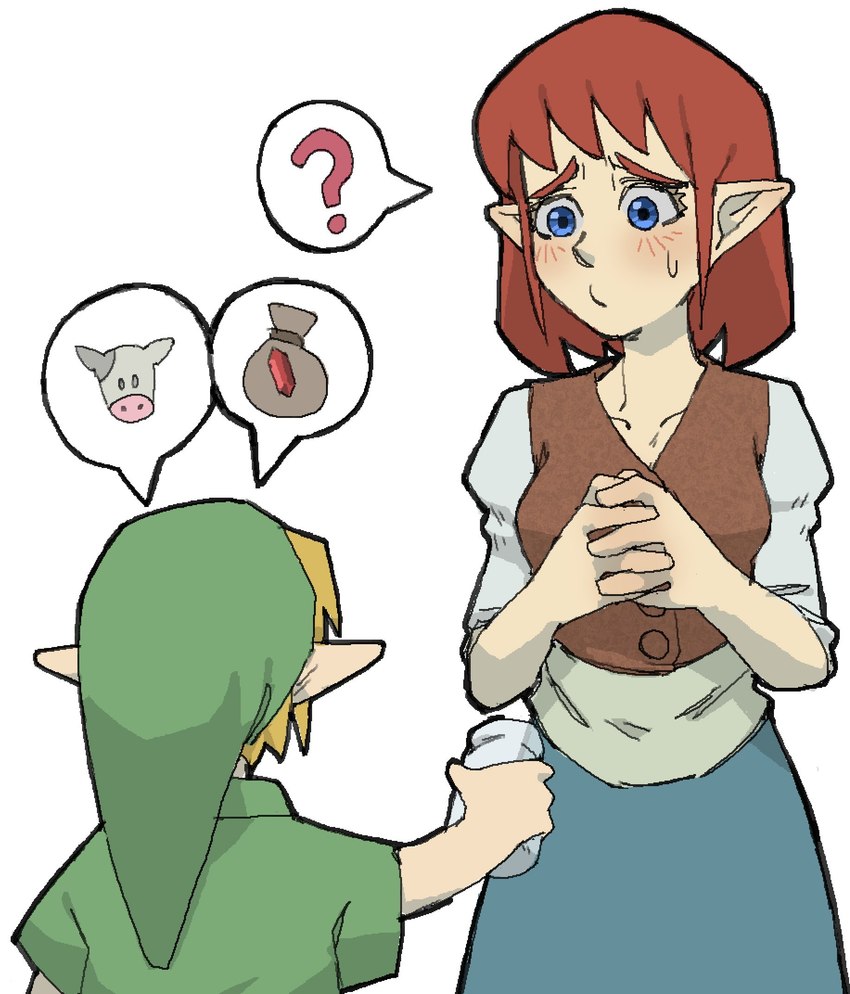 blonde_hair blue_eyes blush bottle breasts brown_hair clothing container duo female hair hat headgear headwear holding_bottle holding_container holding_object humanoid_pointy_ears light_body light_skin male not_furry pointy_ears question_mark rupee simple_background speech_bubble pantsu-ripper nintendo the_legend_of_zelda anju young_link bovid bovine cattle humanoid hylian mammal hi_res pictographics