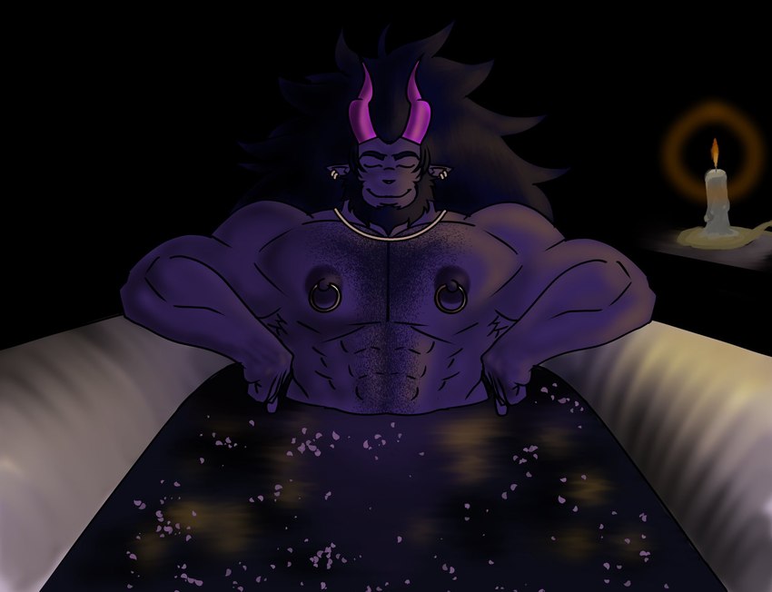 abs bathing bathtub beard body_hair candle chest_hair facial_hair gold_(metal) gold_jewelry horn jewelry leaning leaning_backward male muscular nipple_piercing nipples pecs piercing pink_horn purple_body purple_skin rim_light solo grape_shifter reva demon humanoid hi_res