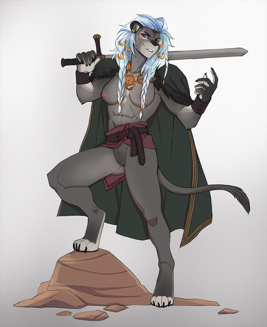 abs anthro belt black_nose blue_hair braided_hair breasts cape casual_nudity claws clitoral_hood clothed clothing ear_piercing ear_ring exposed exposed_breasts facial_scar female fur genitals grey_body grey_fur hair hair_jewelry holding_melee_weapon holding_object holding_sword holding_weapon jewelry looking_at_viewer melee_weapon muscular muscular_female necklace nipples palm_markings partially_clothed piercing pussy red_eyes ring_piercing sash scar solo standing step_pose sword tail tail_tuft toe_markings tuft weapon white_body white_fur wrist_guards lotusgarden felid feline mammal 2023 hi_res