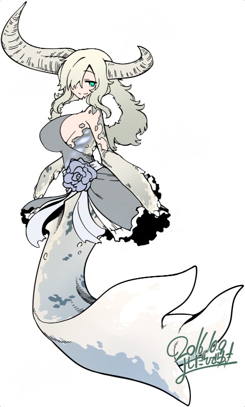 big_breasts blonde_hair blue_eyes breasts clothing dress female fin grey_body grey_scales hair horn long_hair scales scarf side_boob smile split_form yoshida_hideyuki capcom monster_hunter ceadeus elder_dragon marine merfolk hi_res signature watermark