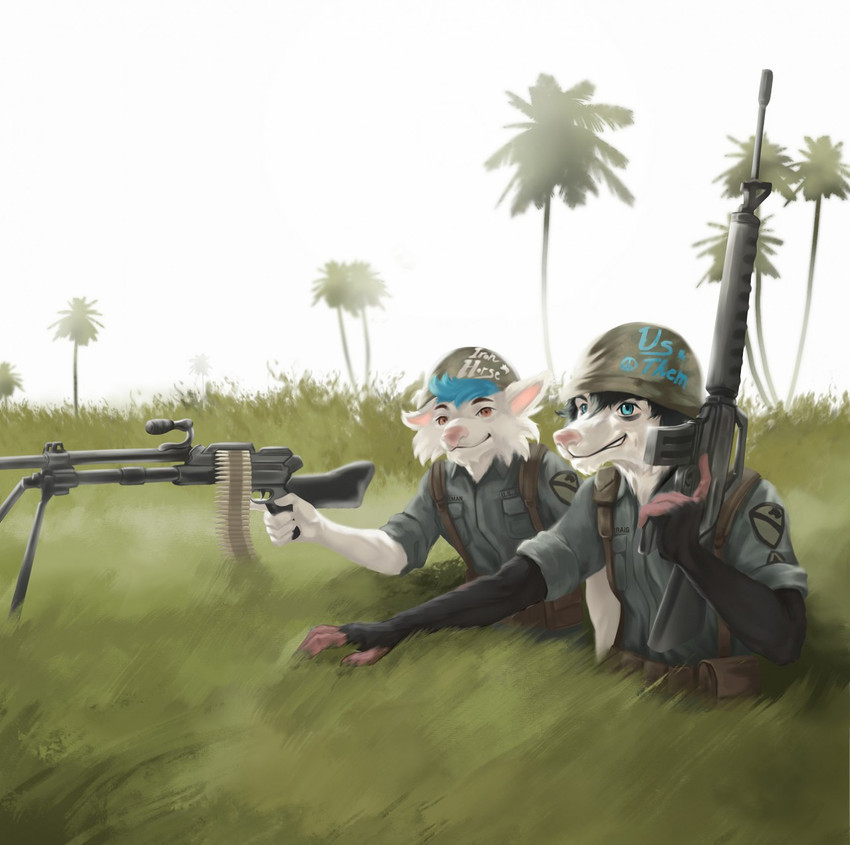 anthro assault_rifle backpack belt_pouch black_hair blue_eyes blue_hair bullet clothed clothing detailed_background duo foxhole_(war) fur grin gun hair m16 m60 machine_gun male military military_clothing military_helmet military_jacket military_uniform orange_eyes outside palm_tree pink_nose plant ranged_weapon rifle sky smile teeth tree uniform vietnam_war weapon white_body white_fur thepimpartist u.s._army american_opossum canid canine canis domestic_dog mammal marsupial 2019 hi_res traditional_media_(artwork)