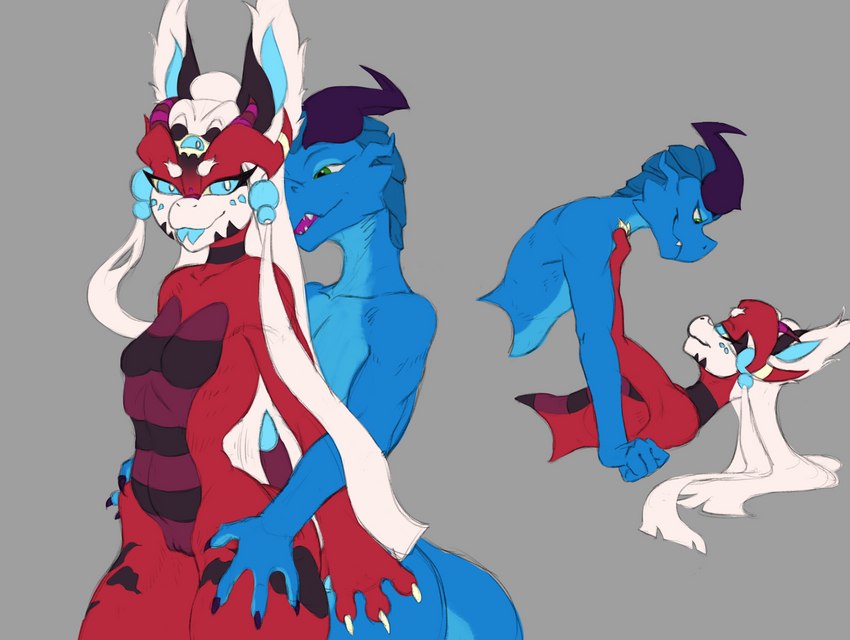 anthro big_ears breasts butt claws duo eye_contact female genitals hair horn looking_at_another male male/female pussy tongue tongue_out wide_hips lugen_kobold lugen kobold scalie hi_res