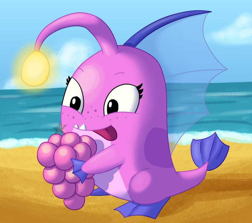 beach blue_body cloud eyelashes fangs feet female female_feral feral fin fin_feet fin_hands food freckled_face freckles fruit grape holding_food holding_object illicium long_eyelashes membrane_(anatomy) plant purple_body sail_(anatomy) sand tail tail_fin teeth toes tongue tongue_out underbite water webbed_feet webbed_hands katonator fruit_nibblers coral_(nibblers) nibbler_(species) 2021