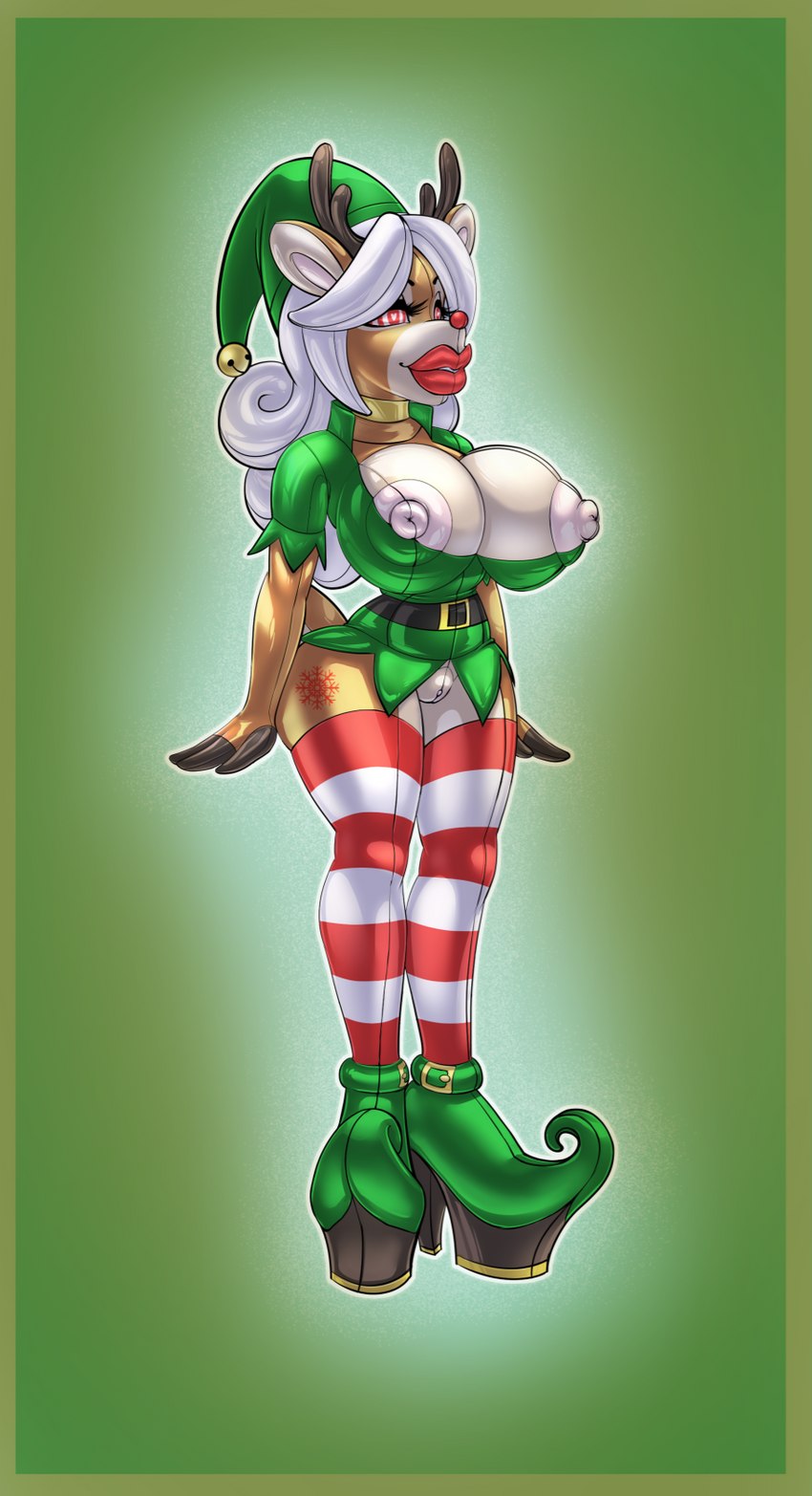 2_horns after_transformation anthro belt_buckle big_breasts bimbo_anthro bimbo_lip bimbofication bimbofied bottomless brainwashing breasts brown_body brown_fur buckle christmas_clothing cleavage clothed clothing coat elf_costume elf_hat female footwear fur genitals glistening glistening_body green_clothing green_footwear green_high_heels green_shoes green_topwear hair high_heels holidays horn huge_breasts hypnosis implied_transformation ineffective_clothing knee_high_stockings latex latex_body latex_skin latex_transformation legwear lips lipstick long_stockings makeup mind_control nipple_slip nipples pattern_clothing pattern_legwear pattern_stockings plastic_body pussy red_lips red_lipstick red_nose reindeer_tail shoes skimpy solo spiral_eyes standing stockings striped_clothing striped_legwear striped_stockings stripes tail thick_lips thigh_stockings topwear transformation white_hair meshpet meshpet_(artist) christmas rudolph_the_red-nosed_reindeer deer living_sex_doll mammal new_world_deer reindeer hi_res