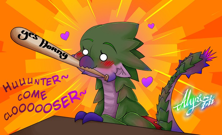 anthro baseball_bat bat_(object) blush claws dialogue_box eyebrows female feral green_body green_scales heart_symbol humanoid_pointy_ears humor no_horny object_in_mouth open_mouth open_smile parody pointy_ears purple_body scales smile solo spikes spikes_(anatomy) tail text alyrise capcom monster_hunter mythology dragon dreadqueen_rathian flying_wyvern mammal mythological_creature mythological_scalie rath_wyvern rathian reptile scalie 2022 half-length_portrait meme portrait reaction_image