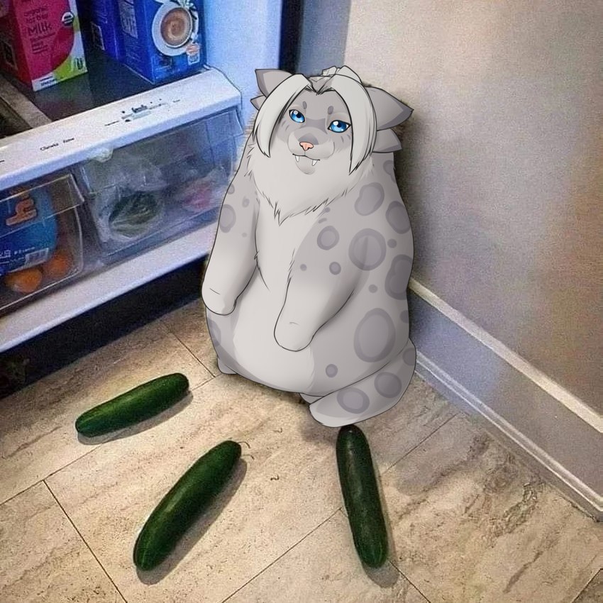 appliance cucumber detailed_background female feral food fridge fruit inside kitchen_appliance looking_at_viewer photo_background plant sitting solo vegetable gyosh cats_vs._cucumbers guild_wars furmessiah_(character) charr felid feline mammal pallas's_cat pantherine snow_leopard 1:1 absurd_res draw_over hi_res meme photography_(artwork)