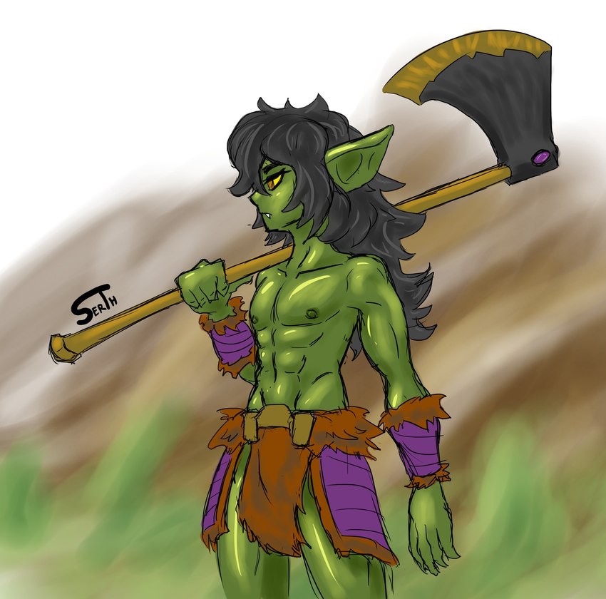 abs axe barbarian belt bottomwear bulge clothing eyelashes glistening glistening_body green_body hair loincloth long_hair male messy_hair muscular nipples pecs shirtless solo yellow_sclera serth goblin hi_res