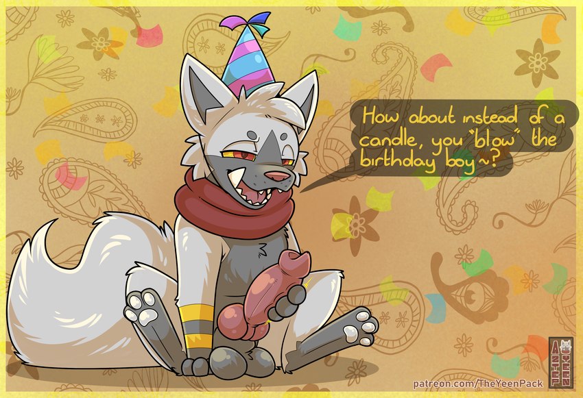 animal_genitalia animal_penis balls birthday canine_genitalia canine_penis clothing erection fur genitals grey_balls grey_ears grey_hair grey_pawpads grey_sheath grey_tail hair hand_on_penis holding_penis male multicolored_body multicolored_fur open_mouth pawpads penis red_clothing red_eyes red_scarf scarf sheath tail text two_tone_body two_tone_fur yellow_body yellow_fur yellow_sclera aztepyeen nintendo pokemon aztep_(aztepyeen) fan_character generation_3_pokemon pokemon_(species) poochyena 2024 absurd_res digital_drawing_(artwork) digital_media_(artwork) english_text hi_res