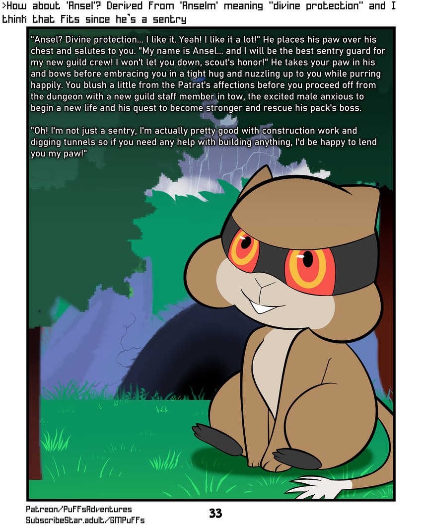 brown_body brown_fur cave forest fur grass plant red_eyes sitting smile text tree softestpuffss nintendo pokemon pokemon_mystery_dungeon rodent_powered_(softestpuffss) spike_chunsoft ansel_(rodent_powered) generation_5_pokemon patrat pokemon_(species) 4:5 absurd_res comic english_text hi_res