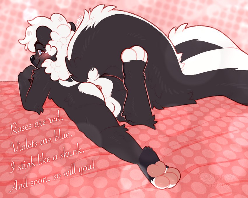 anthro anus balls bed big_tail biped blush butt feet femboy furniture genitals hair halftone holidays lying male on_front pawpads paws pink_background poem presenting presenting_anus presenting_hindquarters simple_background solo stippling tail toeless_(marking) white_hair crownedvictory valentine's_day mammal mephitid skunk 2023 absurd_res digital_media_(artwork) hi_res