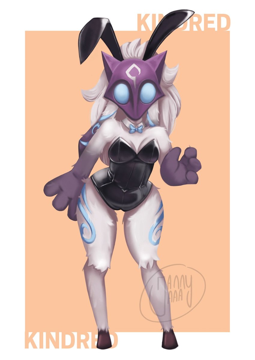 anthro bunny_costume clothing costume dipstick_arms dipstick_ears ear_markings female fur fur_markings hooves markings mask multicolored_ears solo white_body white_fur jannyaaa league_of_legends riot_games tencent kindred_(lol) lamb_(lol) bovid caprine mammal sheep hi_res