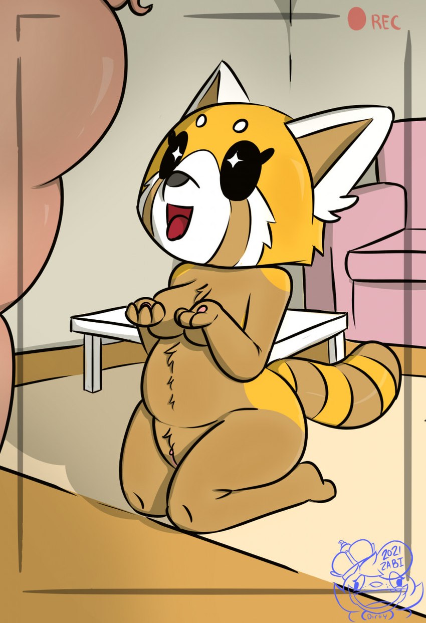 anthro bodily_fluids breasts duo female fur genital_fluids genitals hair male male/female pussy solo_focus zadirtybish aggretsuko sanrio retsuko ailurid domestic_pig mammal red_panda suid suina sus_(pig) hi_res