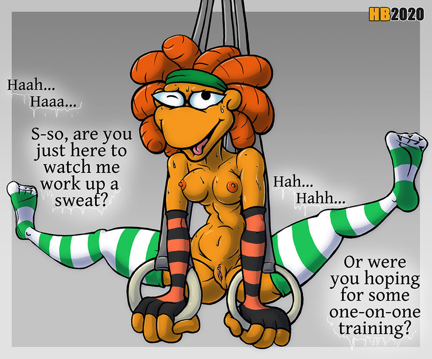 bodily_fluids clothing female gloves gymnastics handwear legwear nude ring solo still_rings stockings suspension sweat text hentai_boy_(artist) muppet_babies muppets the_muppet_show skeeter_(muppets) humanoid muppet english_text