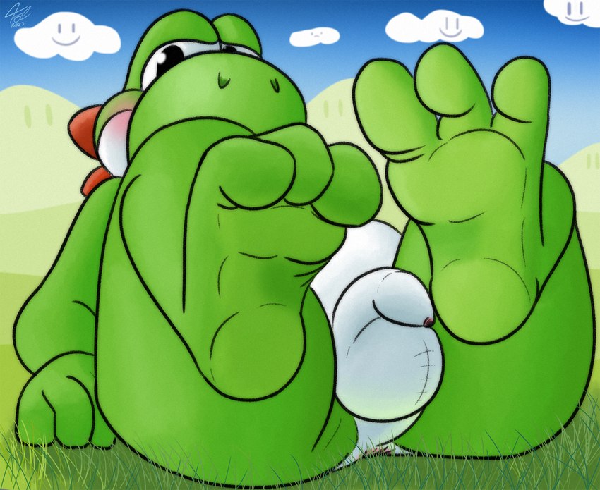 3_toes anthro anus balls barefoot belly blush butt cloud feet flaccid foot_focus foreskin genitals grass green_body green_scales humanoid_feet looking_at_viewer male outside penis plant plantigrade scales simple_background sitting soles solo toes white_belly fol mario_bros nintendo dinosaur green_yoshi prehistoric_species reptile scalie yoshi 2023 hi_res