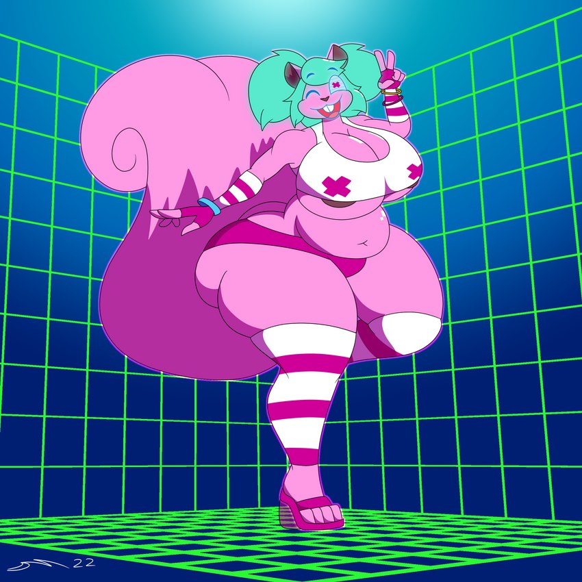 anthro areola areola_slip artificial_intelligence big_breasts blue_hair bracelet breasts buckteeth cleavage clothed clothing female fingerless_gloves footwear front_view fur gesture gloves grid_floor hair hand_gesture handwear jewelry leggings legwear looking_at_viewer purple_body purple_fur sandals shoes slightly_chubby solo square_grid teeth v_sign dirtymac digital_creature mammal rodent sciurid tree_squirrel 1:1 2022 absurd_res hi_res