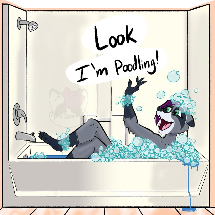 anthro bath bathroom bathtub bubble_bath feet female fur green_eyes grey_body grey_fur hair pawpads purple_hair misspooks mammal procyonid raccoon 1:1 absurd_res hi_res