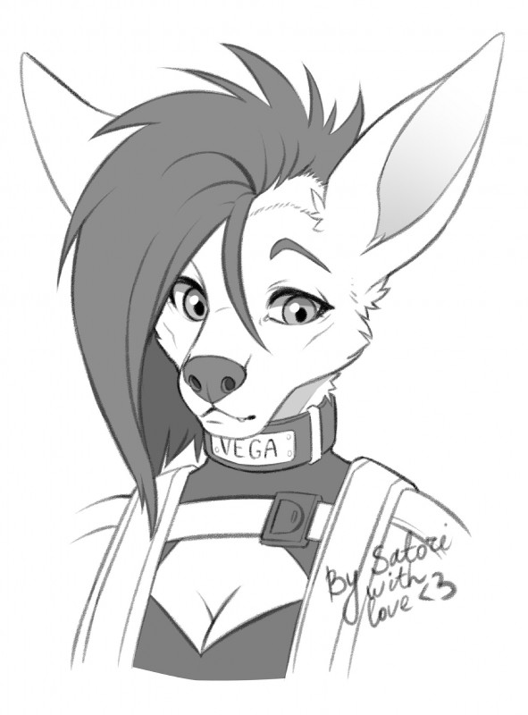 anthro breasts cleavage clothed clothing collar female fur hair heart_symbol side_cut simple_background snout solo text text_on_collar white_background satoriushiro jessica_vega canid canine canis coyote mammal bust_portrait english_text greyscale hi_res monochrome portrait