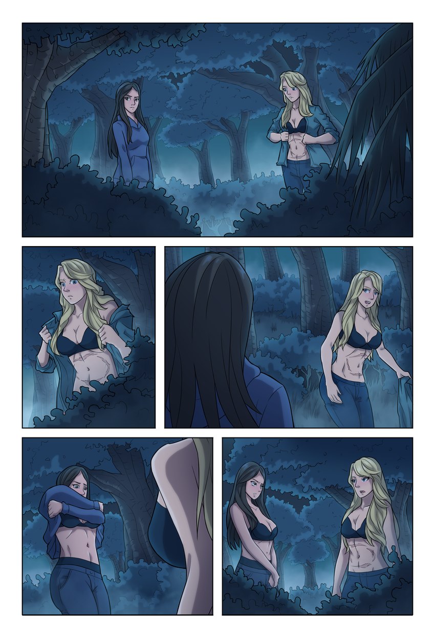 black_hair blonde_hair bra breasts cleavage clothed clothing duo female female_human forest hair human_only imminent_transformation long_hair navel night not_furry outside partially_clothed plant scar shrub transformation transformation_sequence tree underwear undressing deymiparbs being_human_(series) mythology human mammal absurd_res comic hi_res