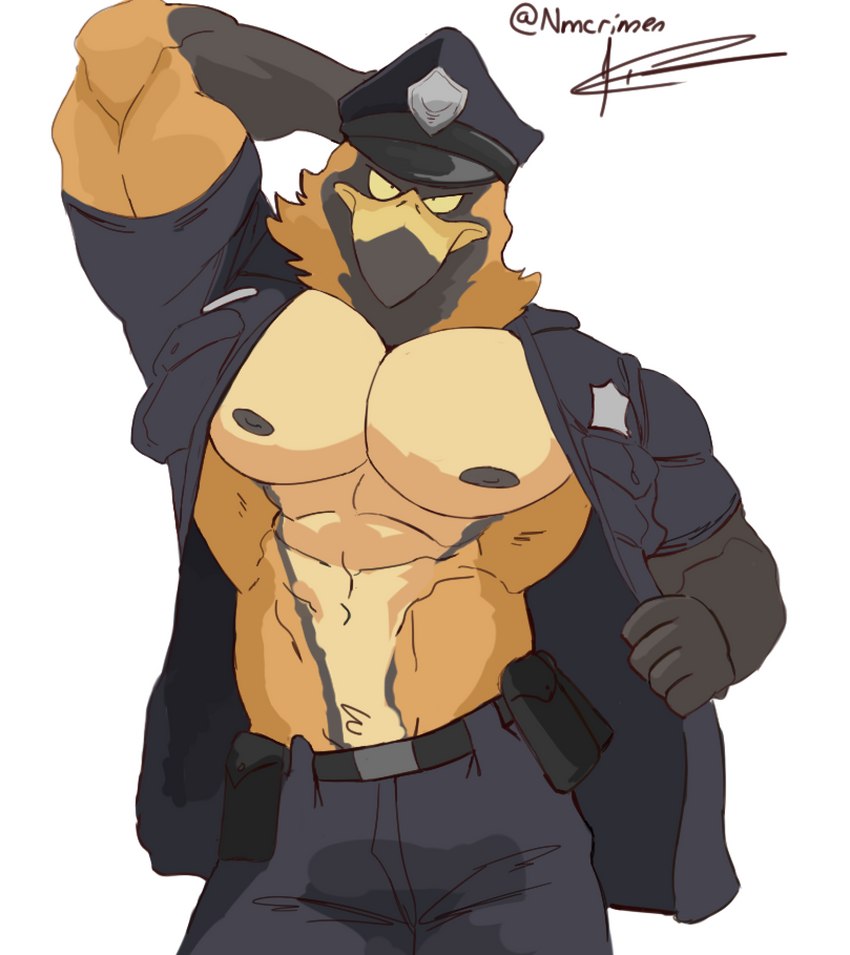 abs anthro biceps clothed clothing male muscular muscular_anthro muscular_male nipples peak pecs police solo crimenes accipitrid accipitriform avian bird eagle hi_res