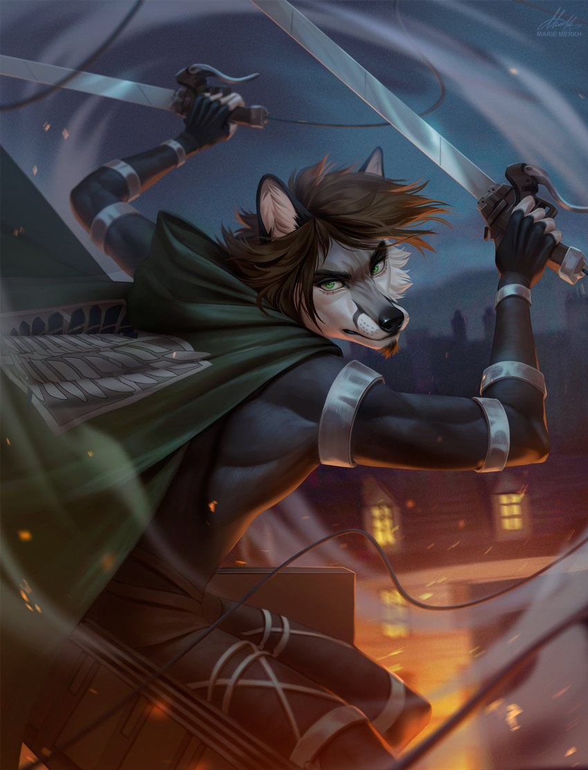 anthro black_body black_ears black_eyebrows black_fur black_nose brown_hair cape clothing eyebrows facial_hair fur glistening glistening_eyes goatee green_cape green_clothing green_eyes grey_body grey_fur hair holding_melee_weapon holding_object holding_sword holding_weapon male melee_weapon mouth_closed outside solo sword weapon white_body white_fur marie_merkh attack_on_titan canid canine canis mammal wolf absurd_res artist_name hi_res signature