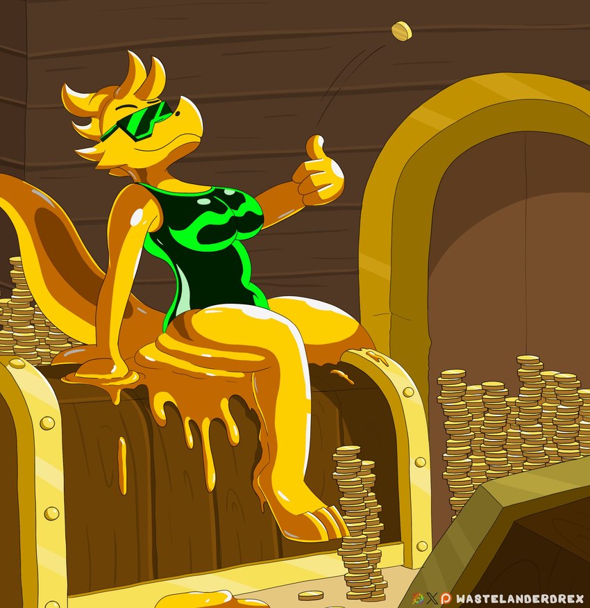 anthro clothing coin eyewear female gold_(metal) gold_body gold_coin gold_tail green_clothing green_shirt green_topwear liquid_gold liquid_metal shirt solo sunglasses topwear wastelander_drex mythology dragon goo_creature mythological_creature mythological_scalie scalie absurd_res hi_res