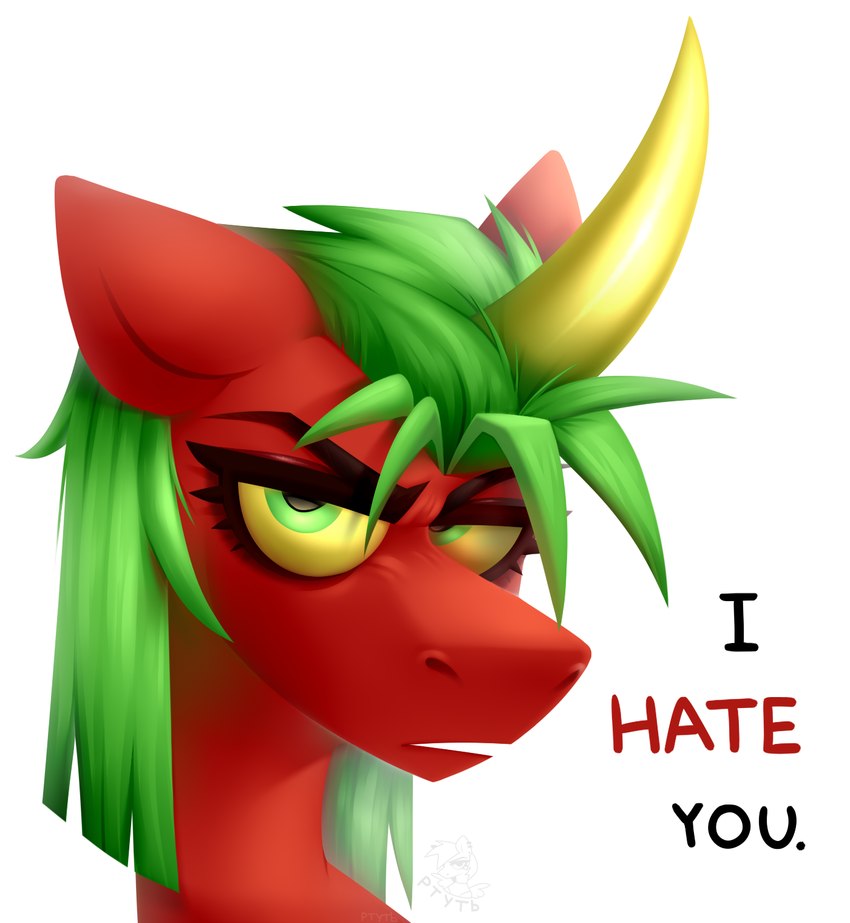 angry female feral fur green_eyes green_hair hair hate horn looking_at_viewer red_body red_fur simple_background solo teeth text yellow_horn yellow_sclera rtootb hasbro my_little_pony mythology riot_(rtootb) dragon equid equine horse hybrid mammal mythological_creature mythological_equine mythological_scalie pony scalie unicorn 2022 colored digital_drawing_(artwork) digital_media_(artwork) hi_res portrait shaded signature watermark