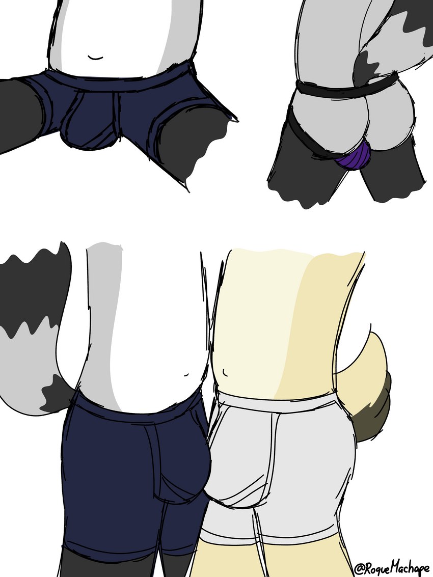 anthro balls biped boxer_briefs boxer_briefs_only bulge bulge_frottage butt clothed clothing duo frottage fur genitals grey_body grey_fur hair jockstrap jockstrap_only male male/male markings navel nub_tail penile ring_(marking) ringed_tail sex simple_background striped_markings striped_tail stripes tail tail_markings text topless underwear underwear_only white_body roquemapache_(artist) roquemapache xipe_totec_(roquemapache) bovid caprine goat mammal procyonid raccoon 2022 3:4 absurd_res digital_media_(artwork) hi_res signature