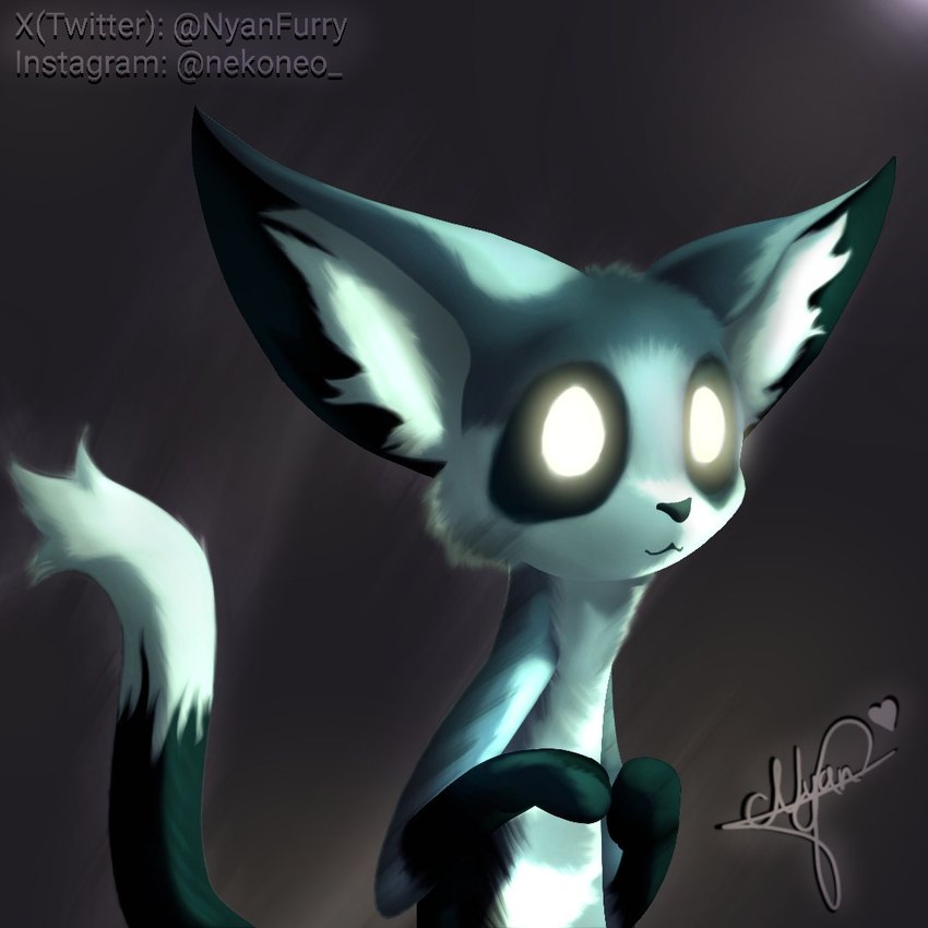 ambiguous_gender anthro black_background black_nose dipstick_tail glowing glowing_eyes grey_body grey_ears grey_tail markings no_pupils simple_background solo tail tail_markings twitter_handle white_eyes white_inner_ear white_tail_tip nyanfurry microsoft moon_studios ori_(series) xbox_game_studios moki_(species) 1:1 2024 colored digital_media_(artwork) digital_painting_(artwork) shaded signature