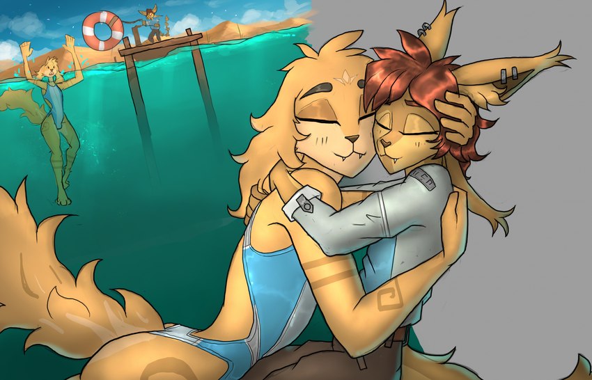 anthro belt bottomwear clothing duo ear_piercing ear_ring eyebrows eyes_closed fur hair hug life_ring male one-piece_swimsuit outside pants pier piercing rescue ring_piercing shirt swim_ring swimwear tan_body tan_fur topwear water protonsaga canid canine fox mammal 2024 hi_res